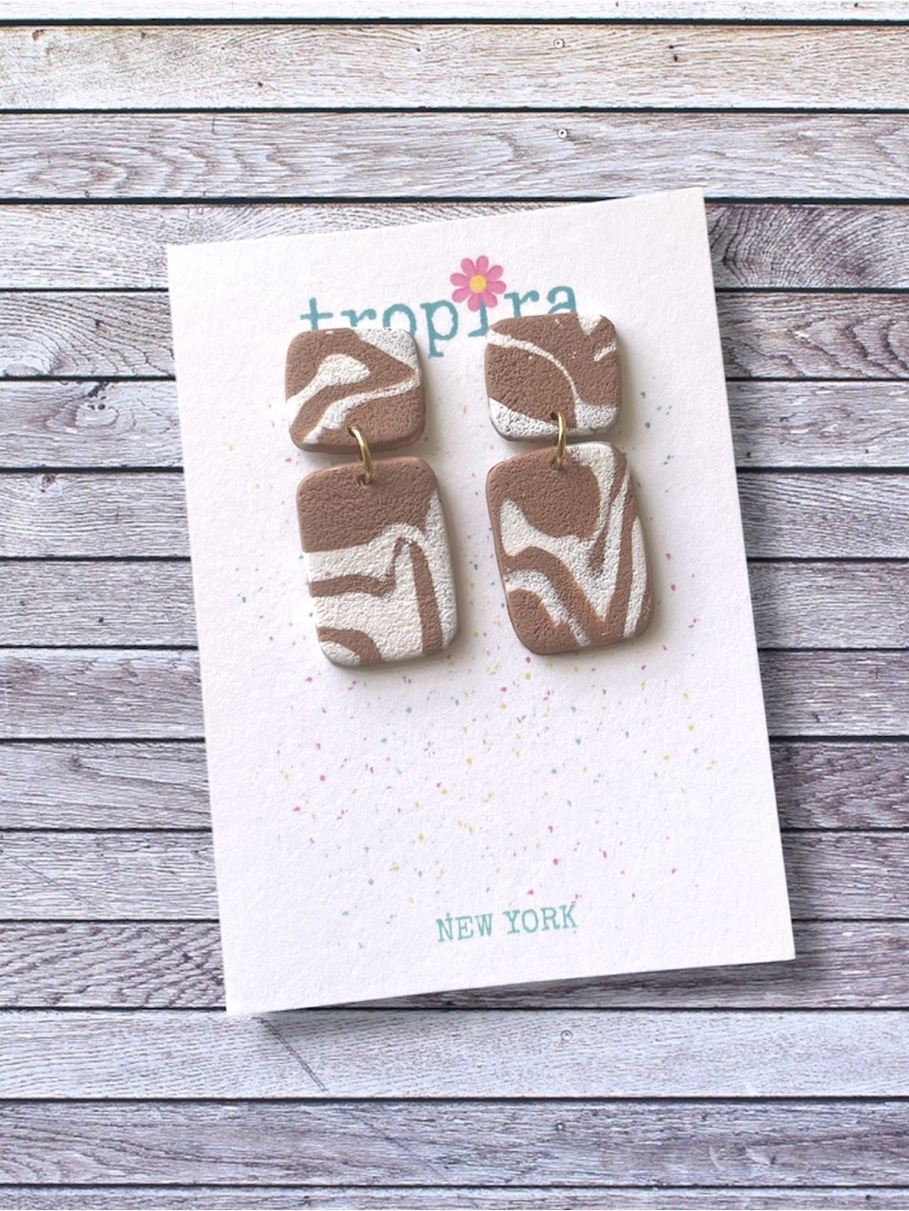 Marbled Swirl Brown White Dangling Polymer Clay Earrings